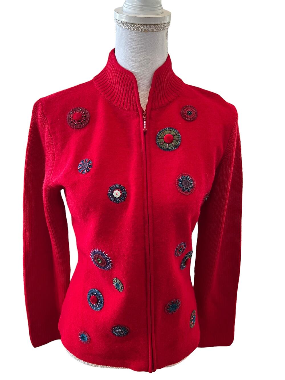 Coldwater Creek red wool Zippered Cardigan Sweater Felt Detail XS